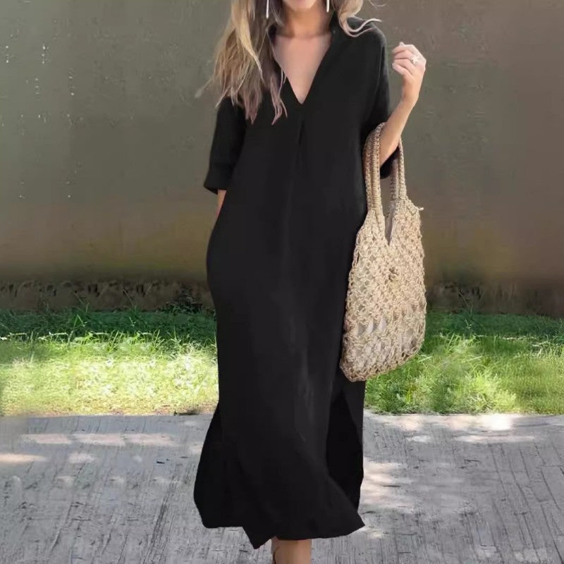 🔥Elegantes Kleid mit V-Ausschnitt und Schlitz