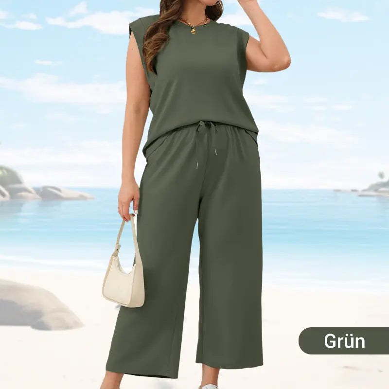 🌺2025 Neue Frauen Casual Cap Sleeve Top Wide Leg Crop Pants Zweiteilige Sets🌺