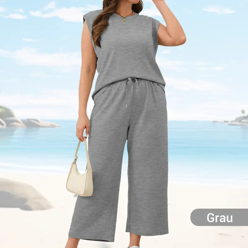 🌺2025 Neue Frauen Casual Cap Sleeve Top Wide Leg Crop Pants Zweiteilige Sets🌺