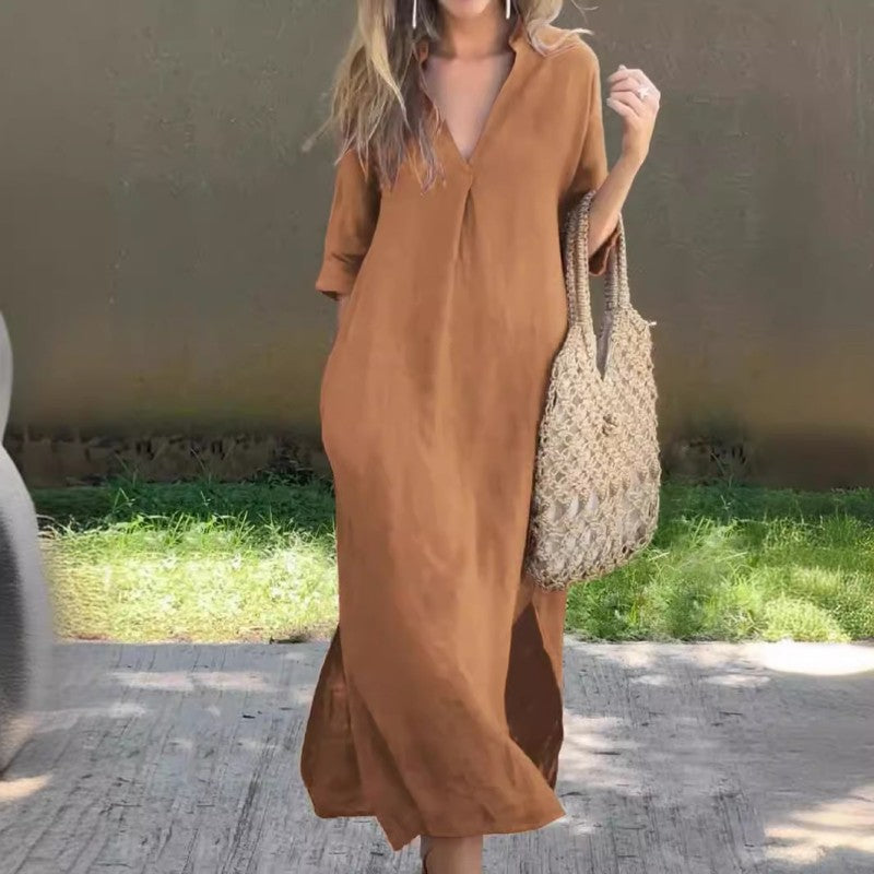 🔥Elegantes Kleid mit V-Ausschnitt und Schlitz
