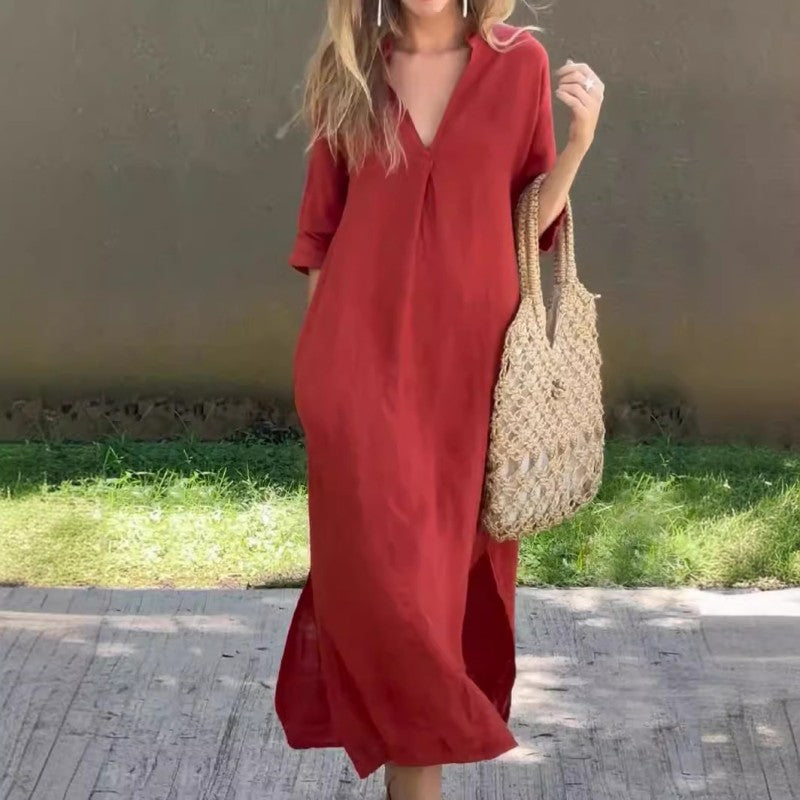 🔥Elegantes Kleid mit V-Ausschnitt und Schlitz