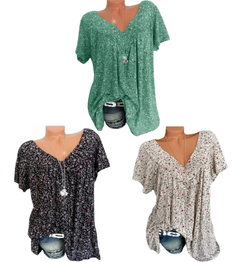 Damen Kurzarmbluse mit Frühlingsblumenprint – V-Ausschnitt, Atmungsaktiv & Knitterfrei für Frühling & Sommer 🌸👚