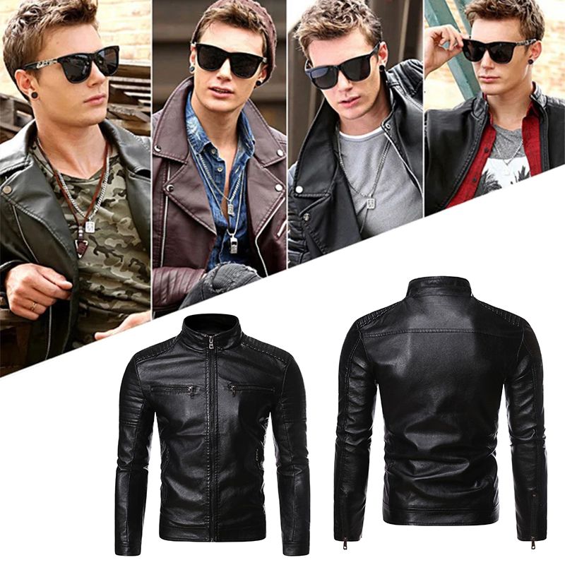 Biker-Lederjacke mit Stehkragen für Herren(Kostenloser Versand)