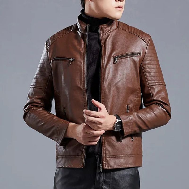 Biker-Lederjacke mit Stehkragen für Herren(Kostenloser Versand)