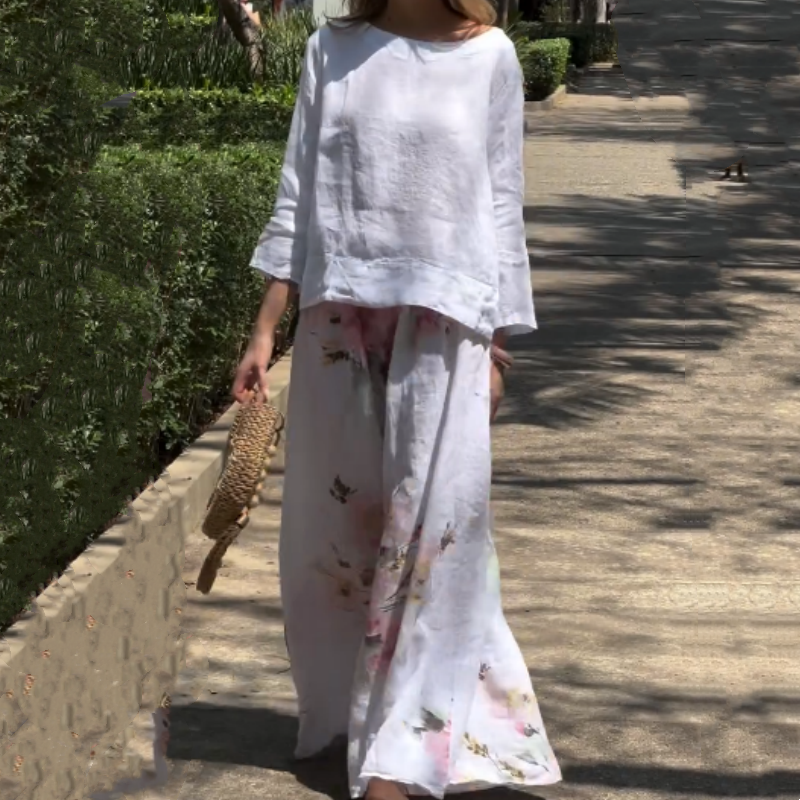 🥰Zweiteiliges Set aus Oberteilen in Unifarben und Hose mit weitem Bein und Blumenmuster