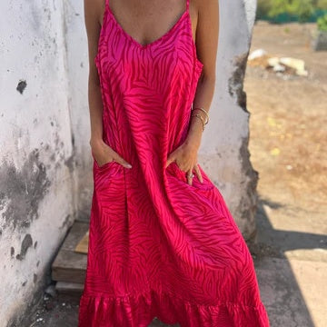 Damen Maxikleid mit Druck und Spaghettiträgern