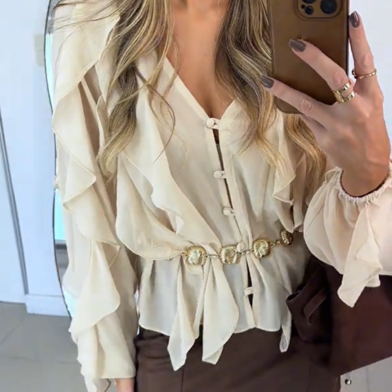 V-Ausschnitt Bluse mit Knopfverschluss und Rüschendetails