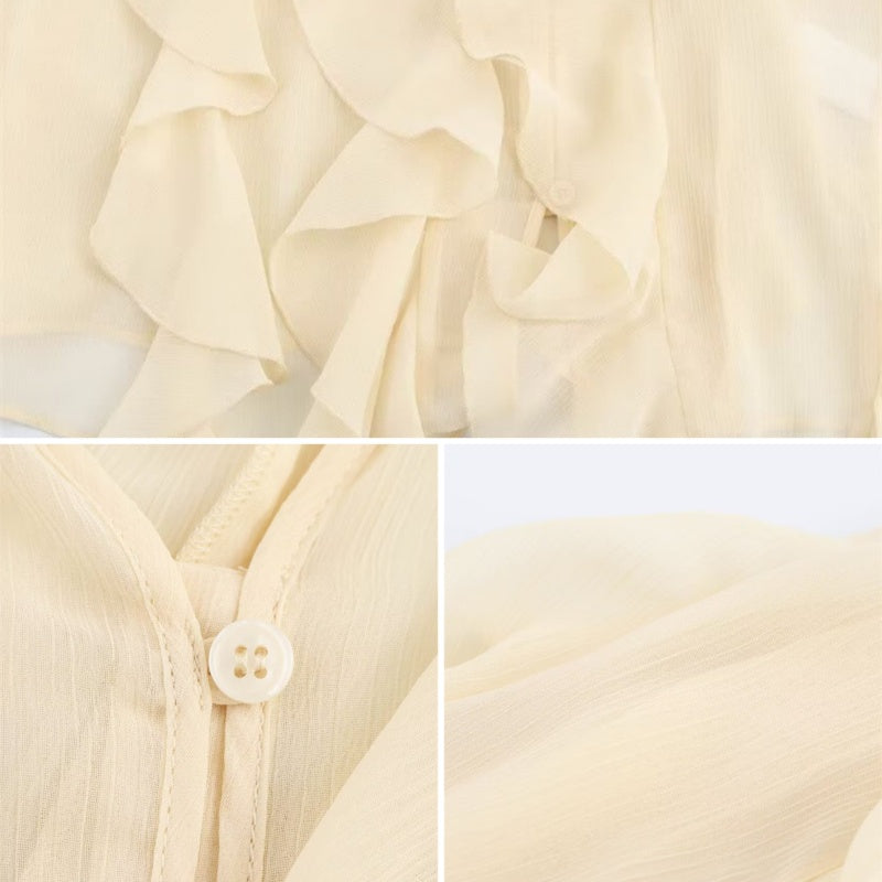 V-Ausschnitt Bluse mit Knopfverschluss und Rüschendetails