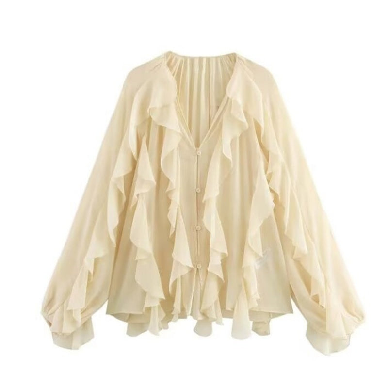V-Ausschnitt Bluse mit Knopfverschluss und Rüschendetails