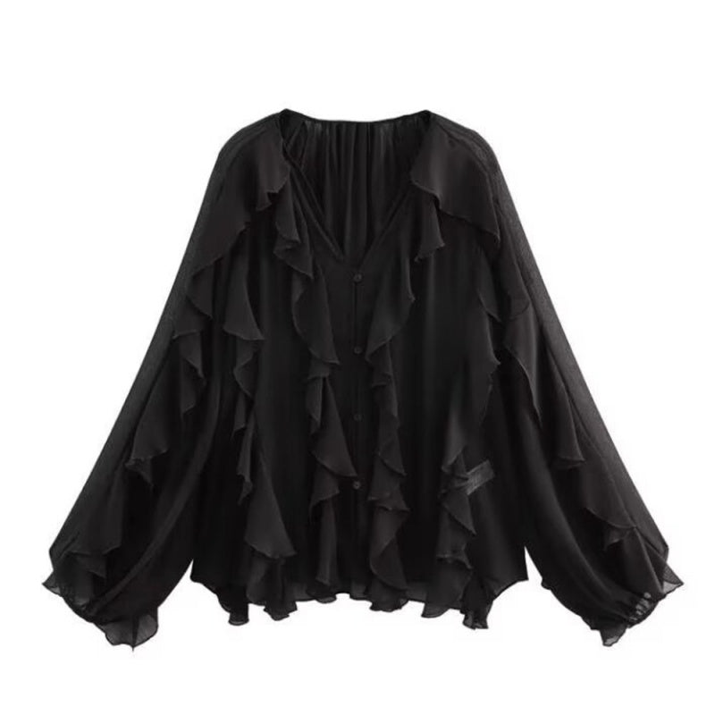 V-Ausschnitt Bluse mit Knopfverschluss und Rüschendetails