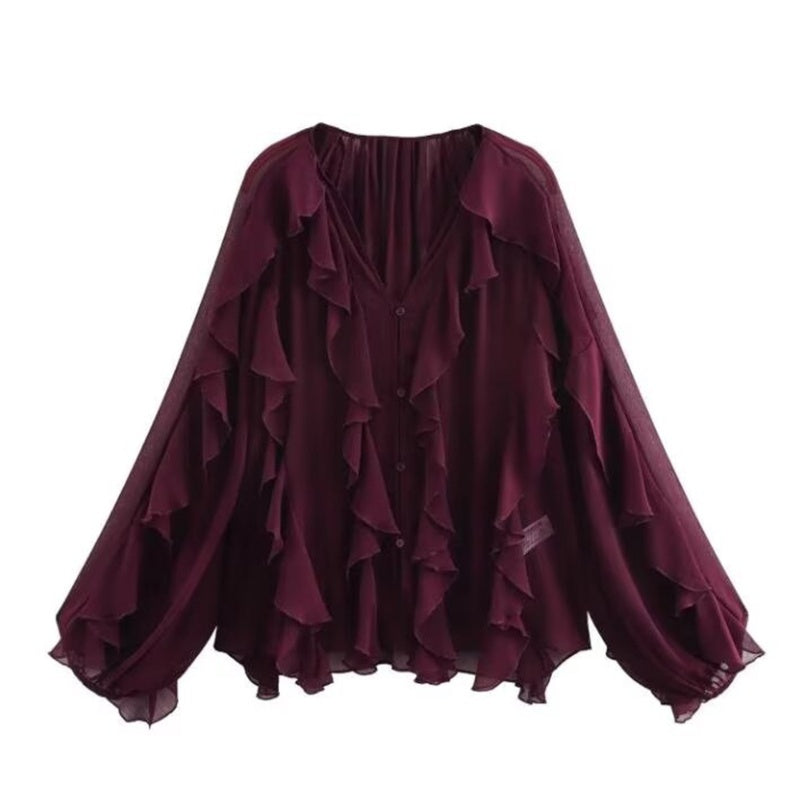 V-Ausschnitt Bluse mit Knopfverschluss und Rüschendetails