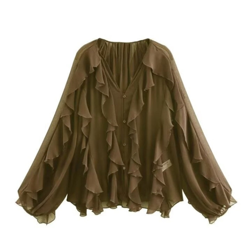 V-Ausschnitt Bluse mit Knopfverschluss und Rüschendetails