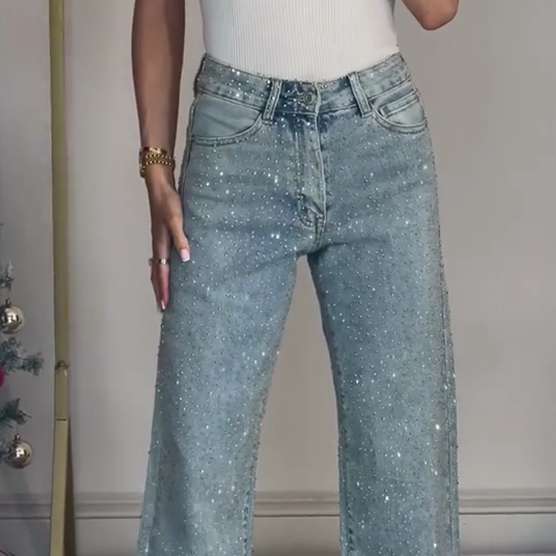 🔥Jeans mit Strassbesatz und geradem Bein