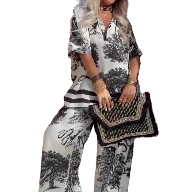 šNeuheit Sommer 2026āØDamen-Set mit Print: Top mit V-Ausschnitt & lange Hose
