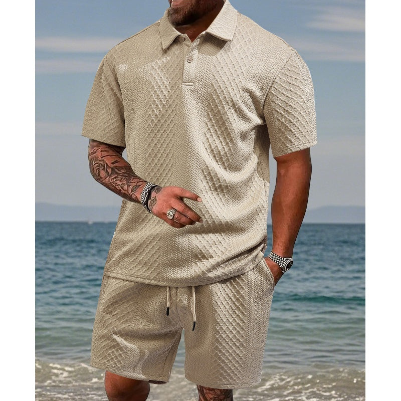 Herren-Zweiteiler mit Rautenstruktur: Kurzarmhemd mit Kragen & Shorts mit Kordelzug