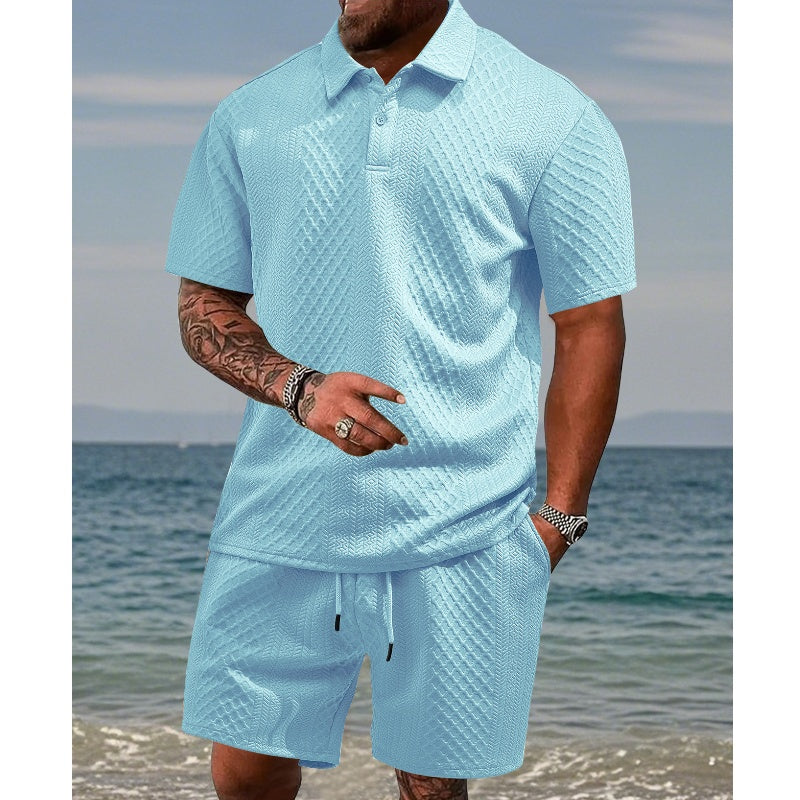 Herren-Zweiteiler mit Rautenstruktur: Kurzarmhemd mit Kragen & Shorts mit Kordelzug
