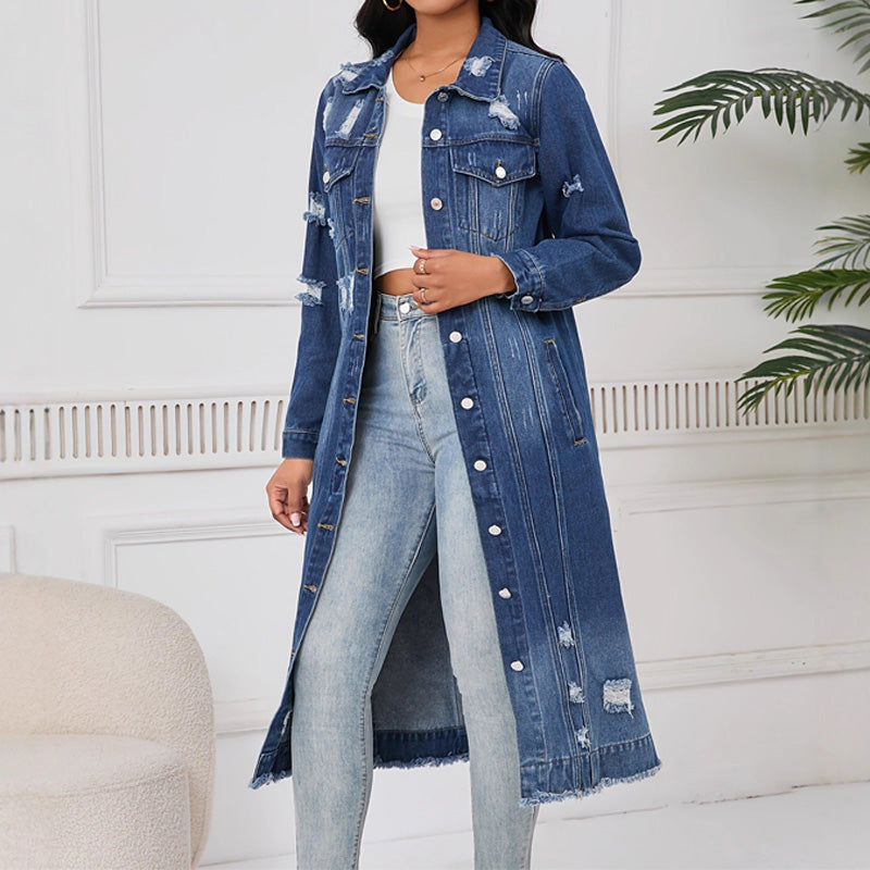 Lange Damen-Jeansjacke im Destroyed Look