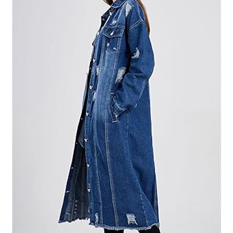Lange Damen-Jeansjacke im Destroyed Look
