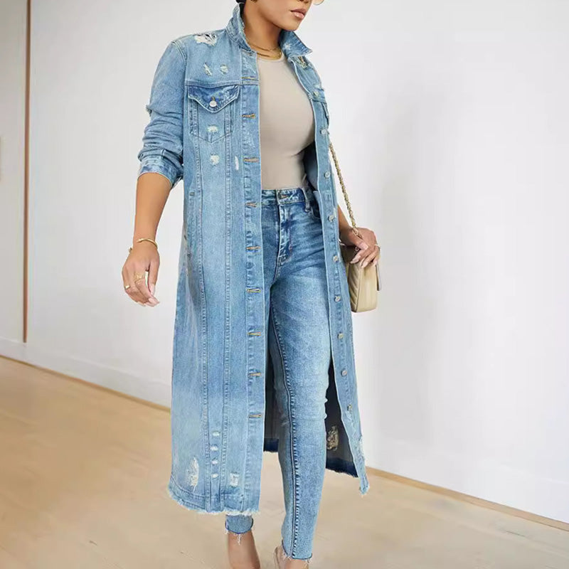 Lange Damen-Jeansjacke im Destroyed Look