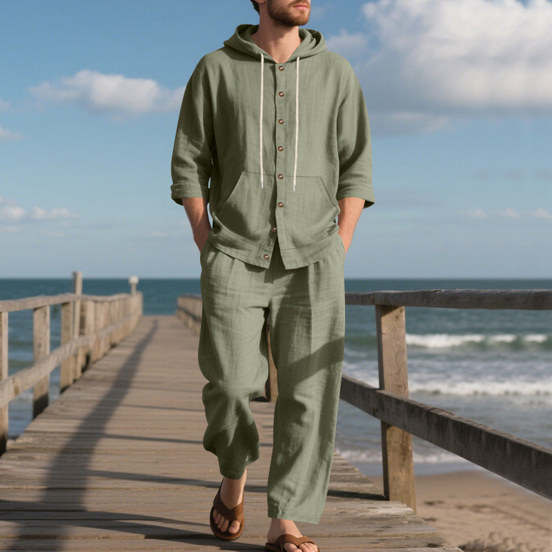 Männer lockere Kapuze Langärmel Top & Wide-Leg Hose 2-teiliges Set