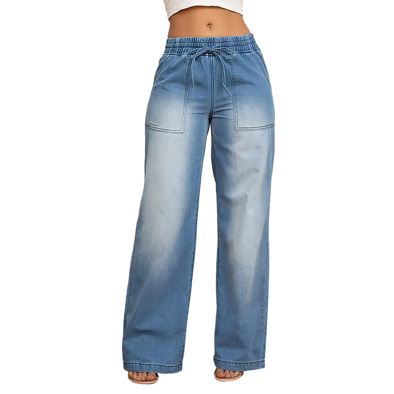 Damen-Jeans mit Kordelbund und weiten Beinen aus Denim