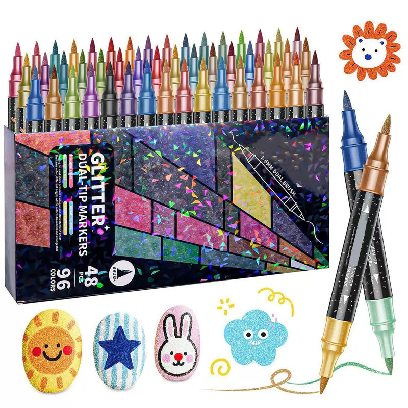 🎨✨ 24-Farben Dual-Tip Glitzer-Marker Set – Glitter & Fine Tip, Lebendige Farben & Perfekt Für Kunst, Basteln & Handlettering 🖌️