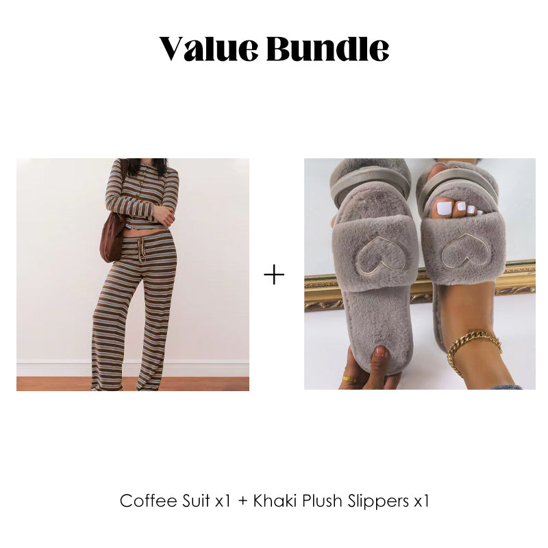 đ54% RABATT! đ Damen gestreiftes Strick-2-teiliges Set â Weiches Stretchgewebe, Knopf-Crop-Top & HosentrĂ€gerhose mit Kordelzug