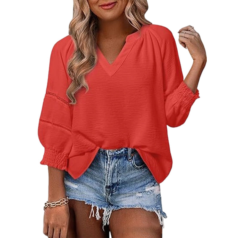 👚 50% RABATT! 🌸 Elegante Boho-Bluse mit V-Ausschnitt & Laternenärmeln – Luftig, Leicht & Figurumschmeichelnd für Einen Romantischen Look ✨