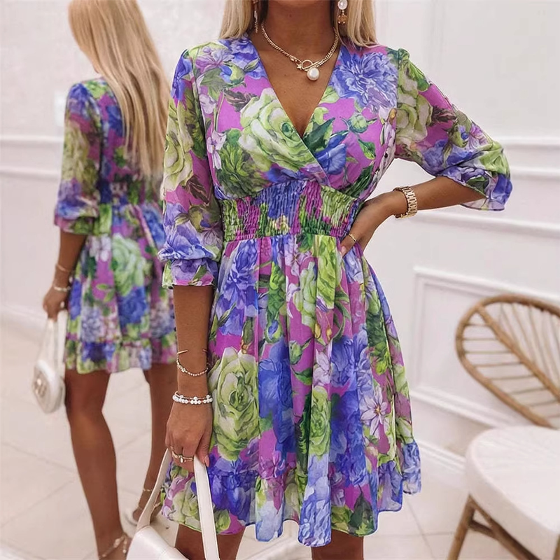 ❤️A-Linien Kleid für Damen – V-Ausschnitt, Blumenmuster, Rüschensaum – luftig & feminin – ideal für Frühling & Sommer🌷👗