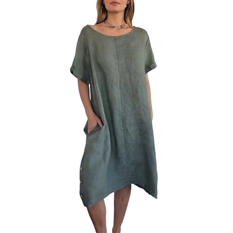 Damen Casual Leinen-Baumwollkleid mit Taschen