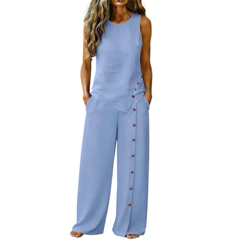 👕 Zweiteiliges Damen Outfit Set – ärmelloses asymmetrisches Top & weite Beinhose mit Knopfdetail, luftiges Sommer-Set in 8 Farben🌿