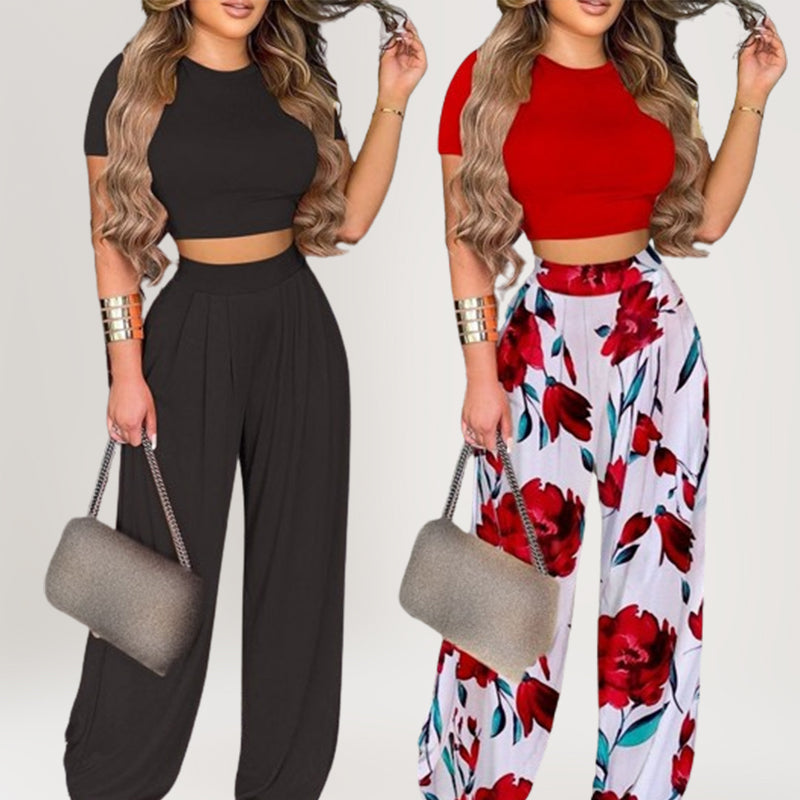 Zweiteiliges Damen-Set: Figurbetontes Kurzarm-T-Shirt und lockere Hose