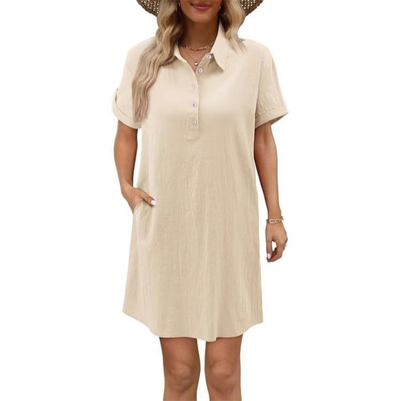 Lässiges Kurzarmkleid mit Knöpfen und Taschen