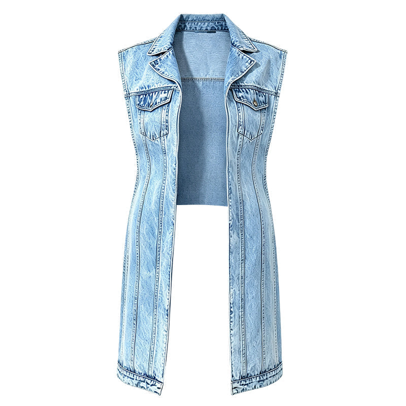 ☀️👗Damen Gilet-Stil Ärmelloses Jeanskleid mit hohem Schlitz