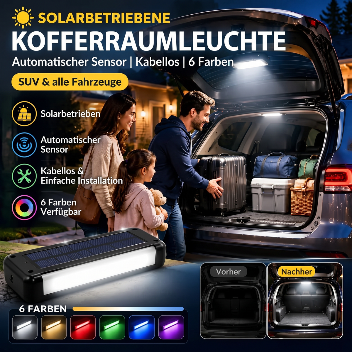 🔆 Solar-LED-Kofferraumleuchte für Autos – mit automatischem Sensor, kabellos, 6 Farben, für SUVs und Fahrzeuge