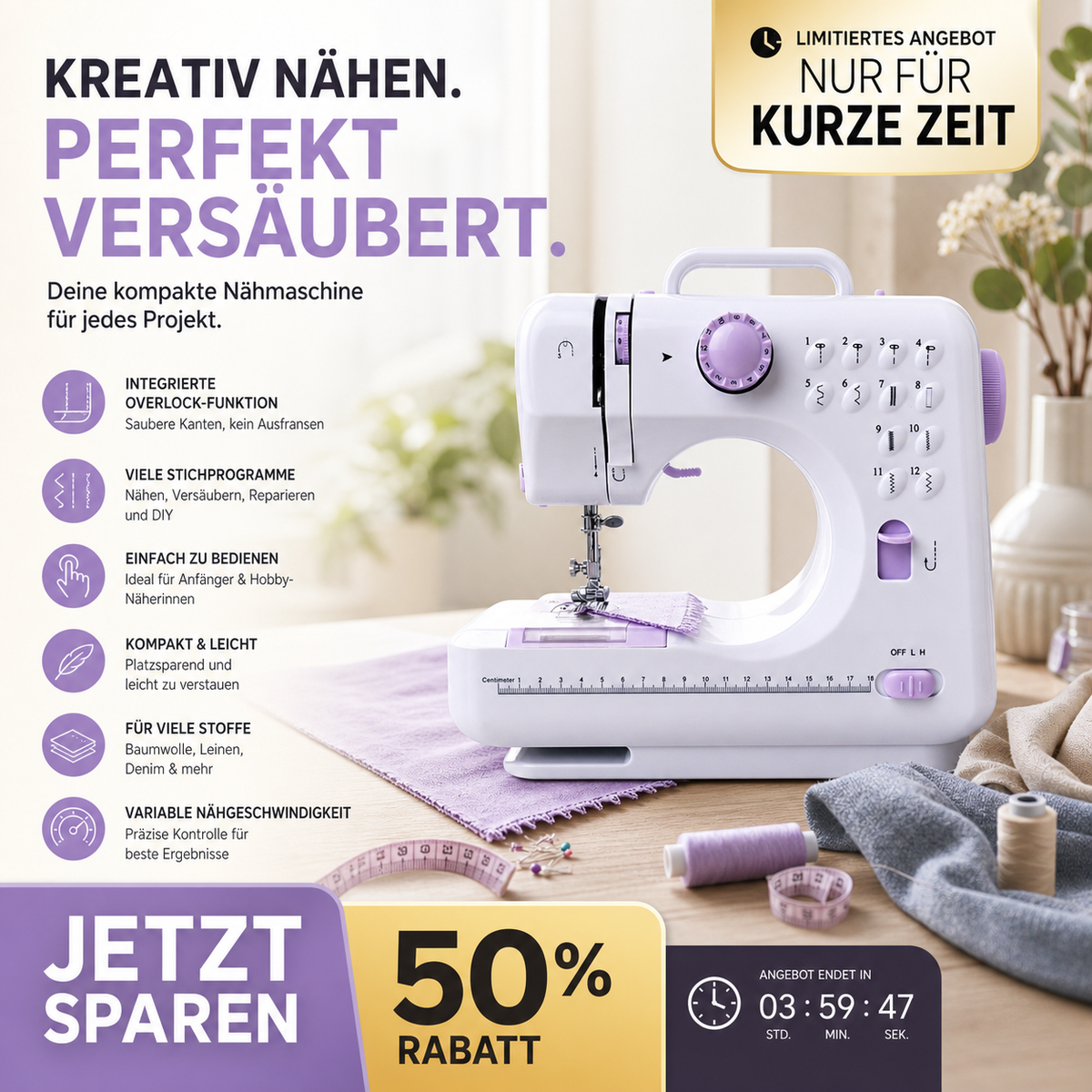 🧵 50% RABATT! 🛍️ Mini-Nähmaschine für Zuhause – 12 Stiche, robust & kompakt – Ideal für Reparaturen & DIY-Projekte ✂️