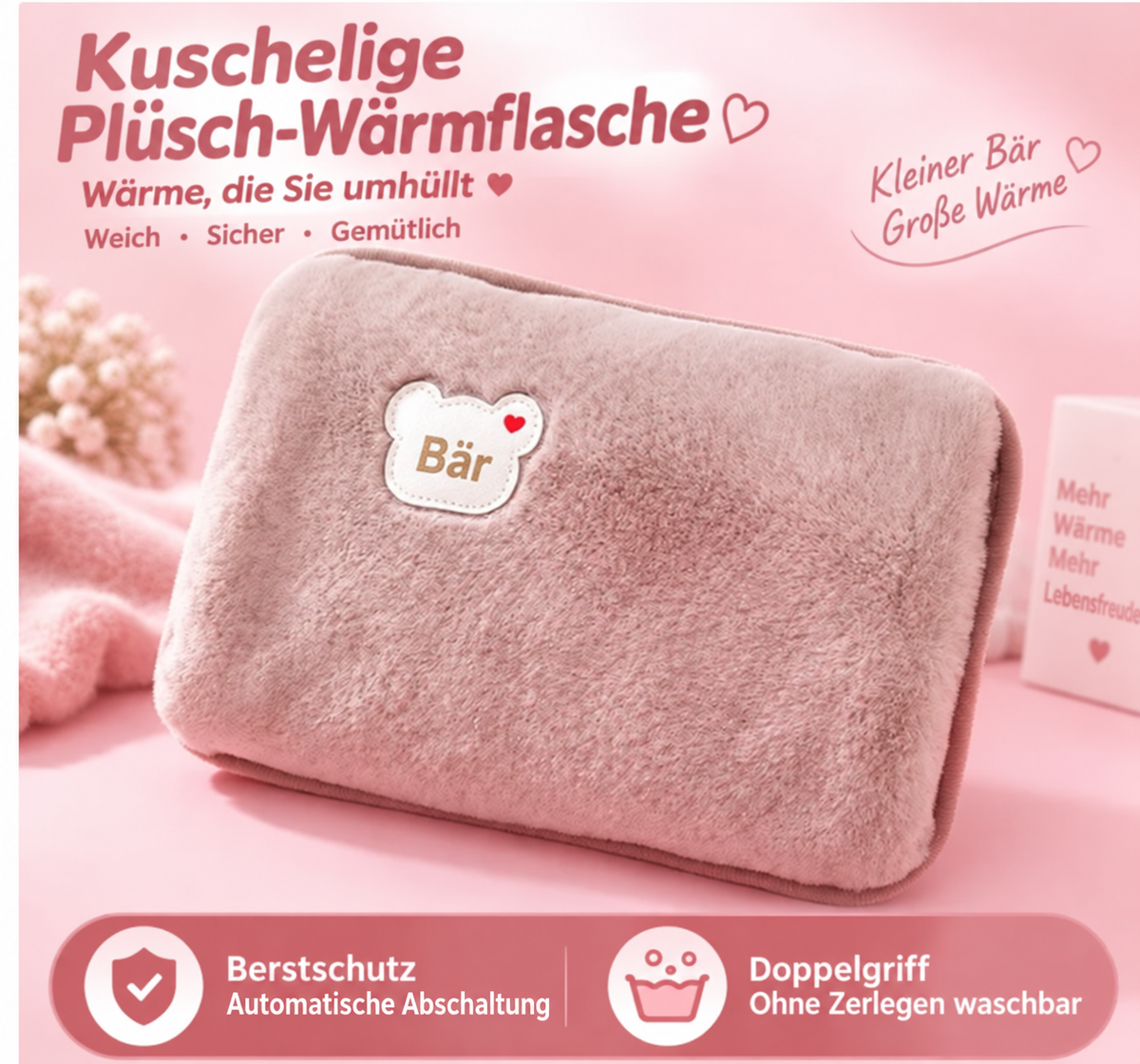 Wiederaufladbare elektrische Wärmflasche – Schnelle Heizung & Kuschelweicher Bezug