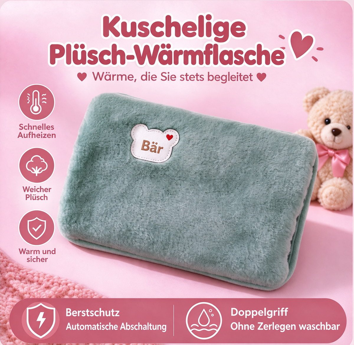Wiederaufladbare elektrische Wärmflasche – Schnelle Heizung & Kuschelweicher Bezug
