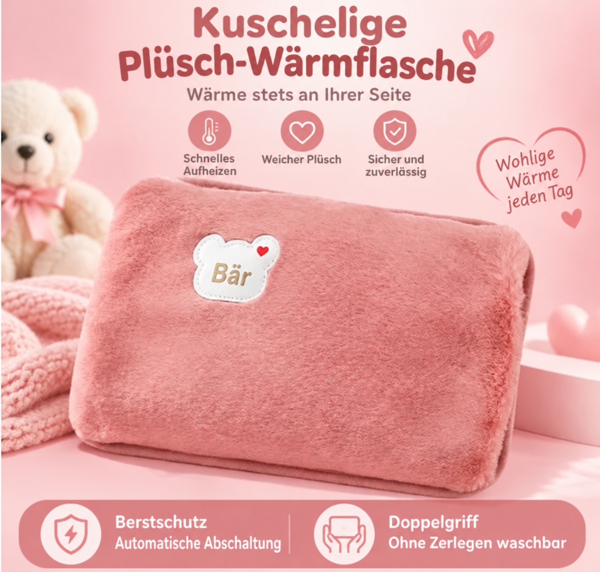 Wiederaufladbare elektrische Wärmflasche – Schnelle Heizung & Kuschelweicher Bezug