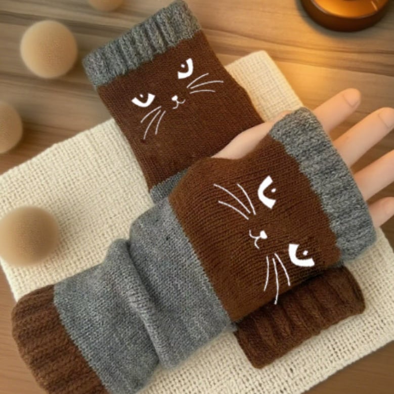 🔥🧤Damen-Strickhandschuhe ohne Finger mit süßem Katzenmuster🐱