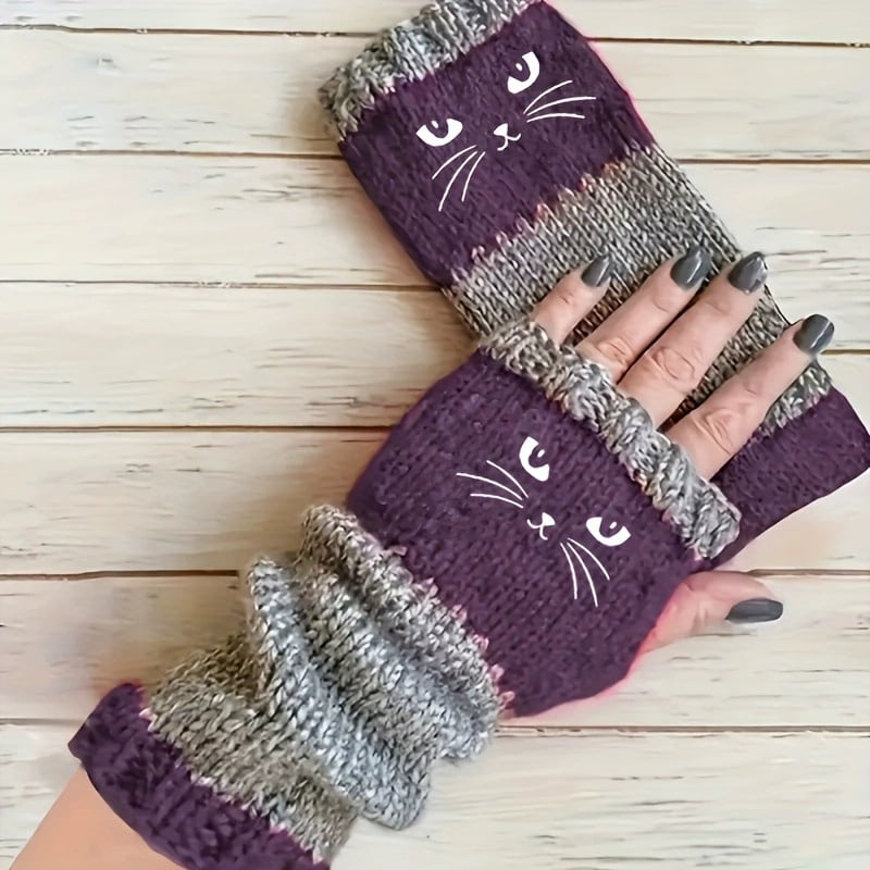 🔥🧤Damen-Strickhandschuhe ohne Finger mit süßem Katzenmuster🐱