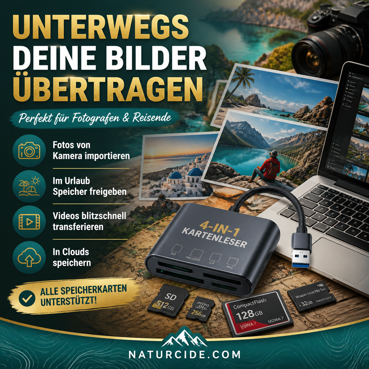 🛍️ 50 % Rabatt – 3-in-1 Speicherkartenleser für Handy & Tablet – USB-C, Lightning, USB-A – Plug & Play für iPhone , Android, PC & Mac 📱