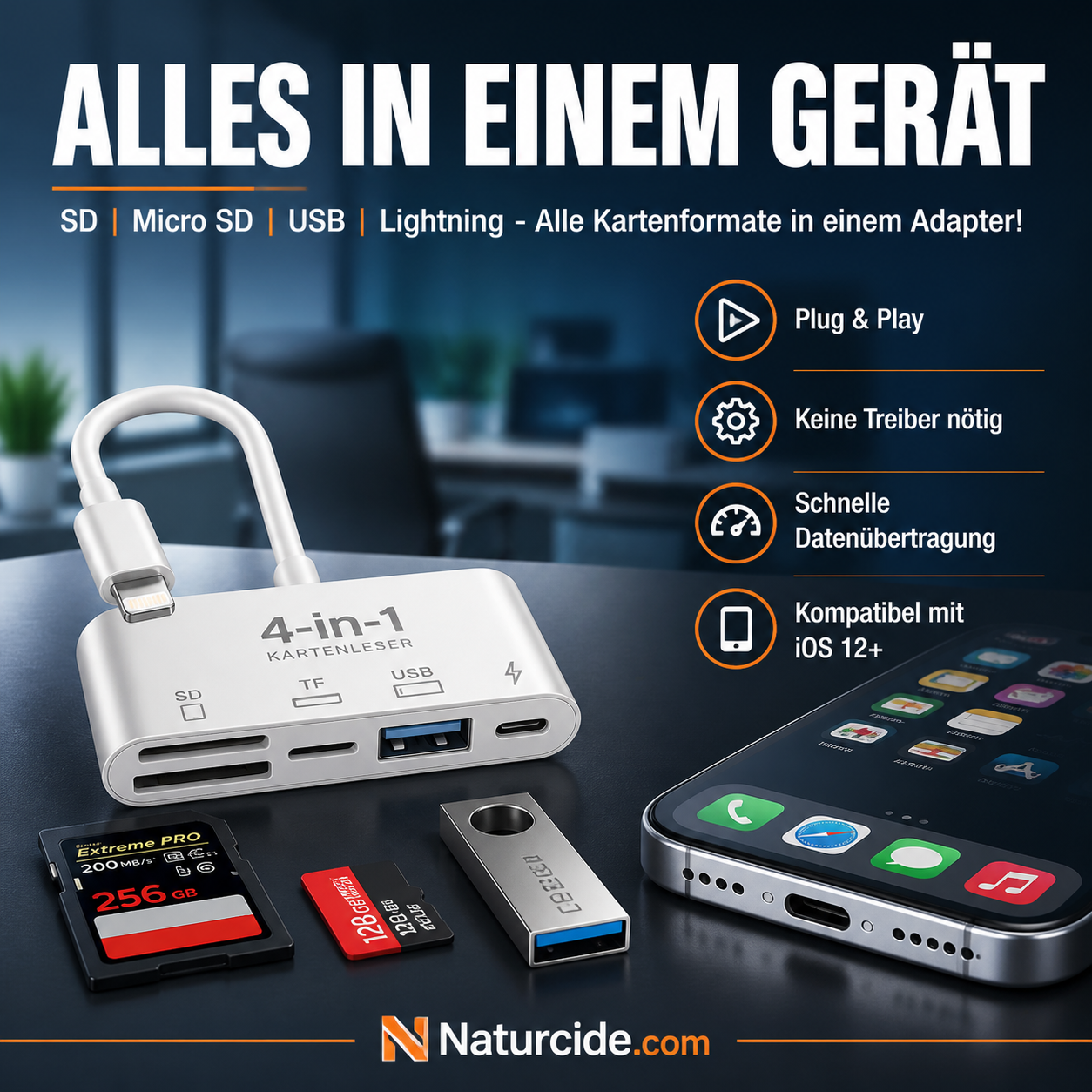 🛍️ 50 % Rabatt – 3-in-1 Speicherkartenleser für Handy & Tablet – USB-C, Lightning, USB-A – Plug & Play für iPhone , Android, PC & Mac 📱