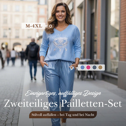 ✨ 2-teiliges Damen-Set: Goldfolien-Oberteil mit Devil's Eye Design & Pailletten-Hosen ✨