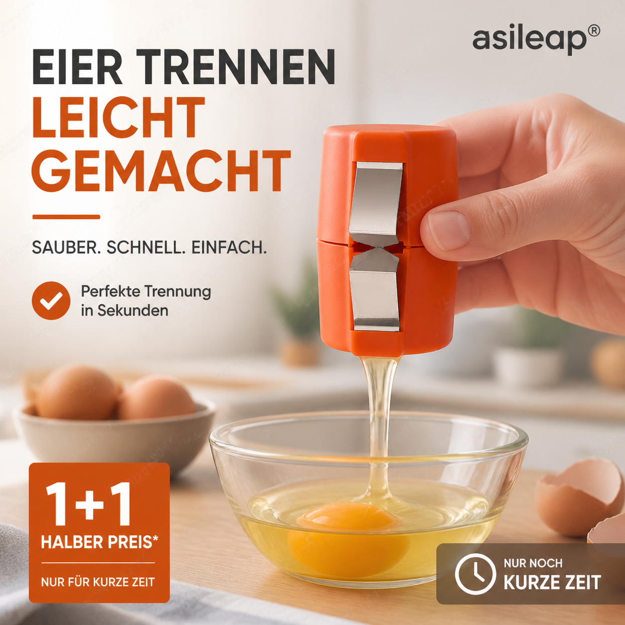 🍳 50 % Rabatt – 2-in-1 Eierknacker & Eigelb-Separator – hygienisch, einfach in der Handhabung & vielseitig für rohe und gekochte Eier 🥚
