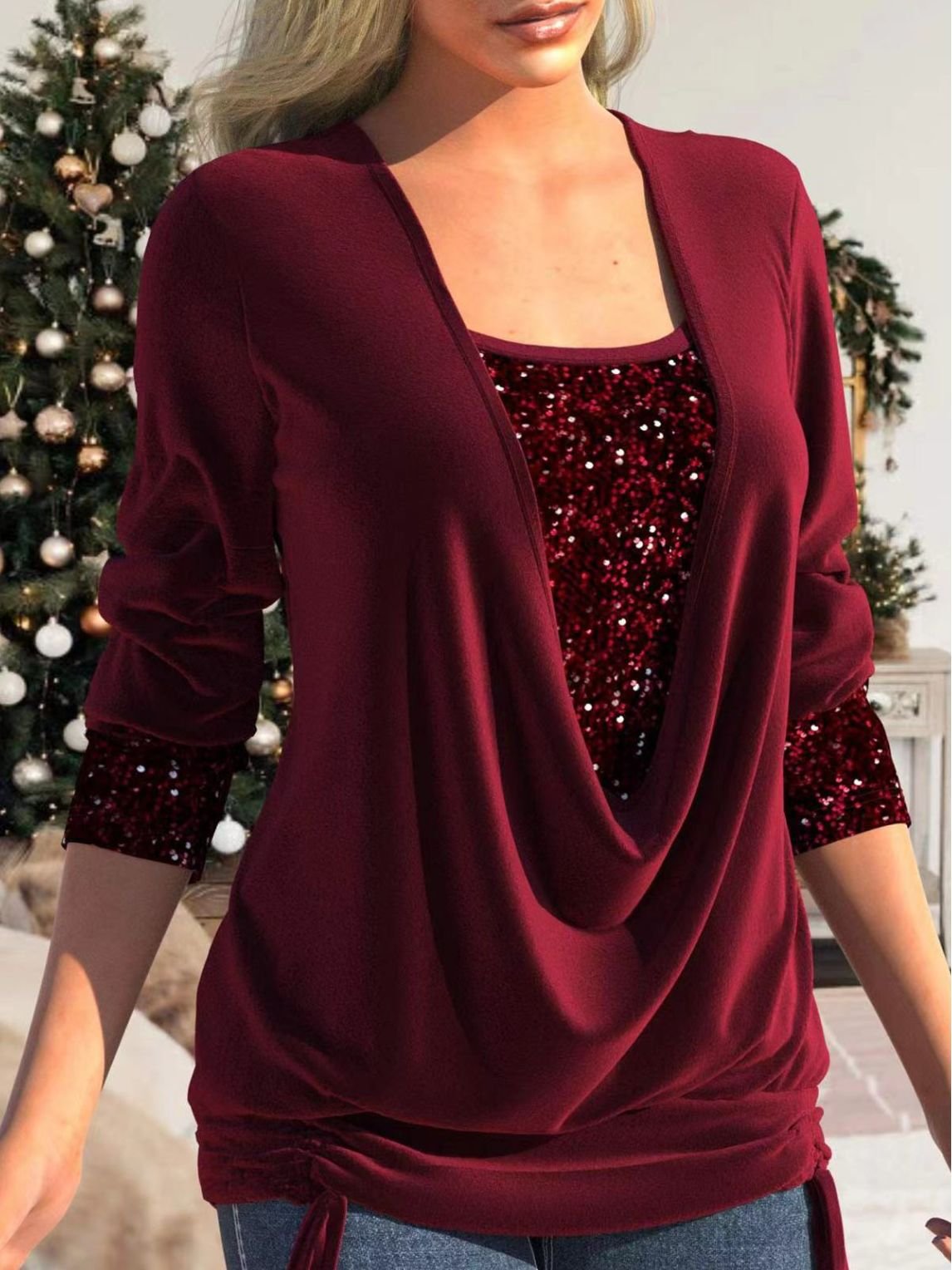 💜 LETZTER TAG VERKAUF: 60% RABATT! ✨ Pailletten Fake-Zweiteiler-Top – Elastisches Glitzerstoff-Design mit Raffung für festliche Anlässe 🎀📦