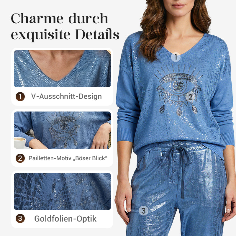 ✨ 2-teiliges Damen-Set: Goldfolien-Oberteil mit Devil's Eye Design & Pailletten-Hosen ✨