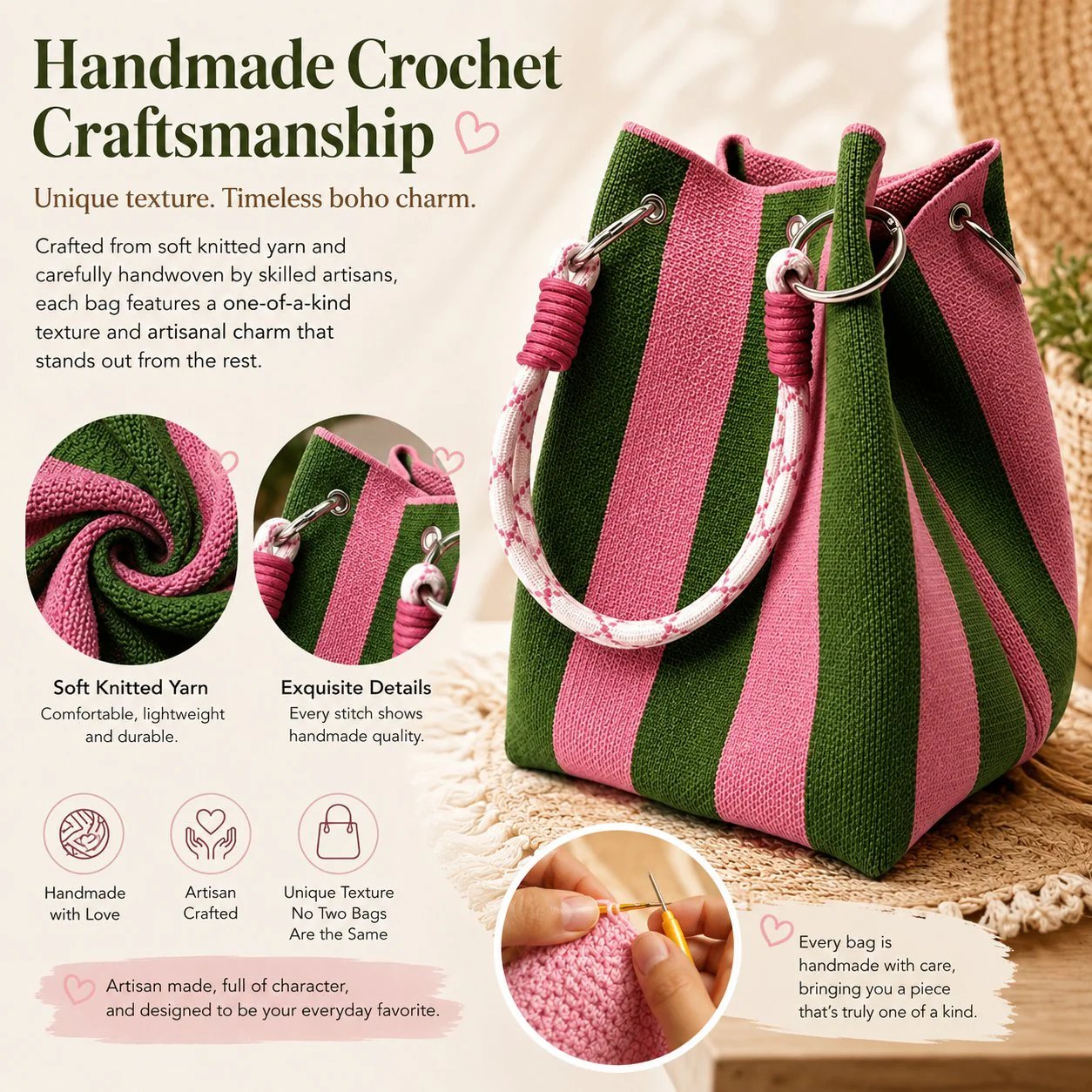🏆👜 Zeitlich begrenzter Sale: 50% RABATT 🌴 Boho Gestreifter Strick-Bucket-Bag für Damen – Handgemachte Sommer-Strand-Umhängetasche