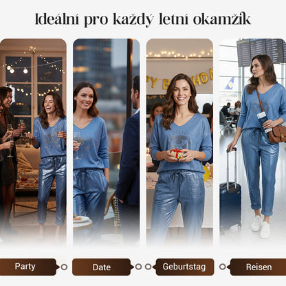 ✨ 2-teiliges Damen-Set: Goldfolien-Oberteil mit Devil's Eye Design & Pailletten-Hosen ✨