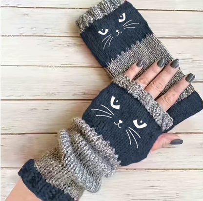 🔥🧤Damen-Strickhandschuhe ohne Finger mit süßem Katzenmuster🐱